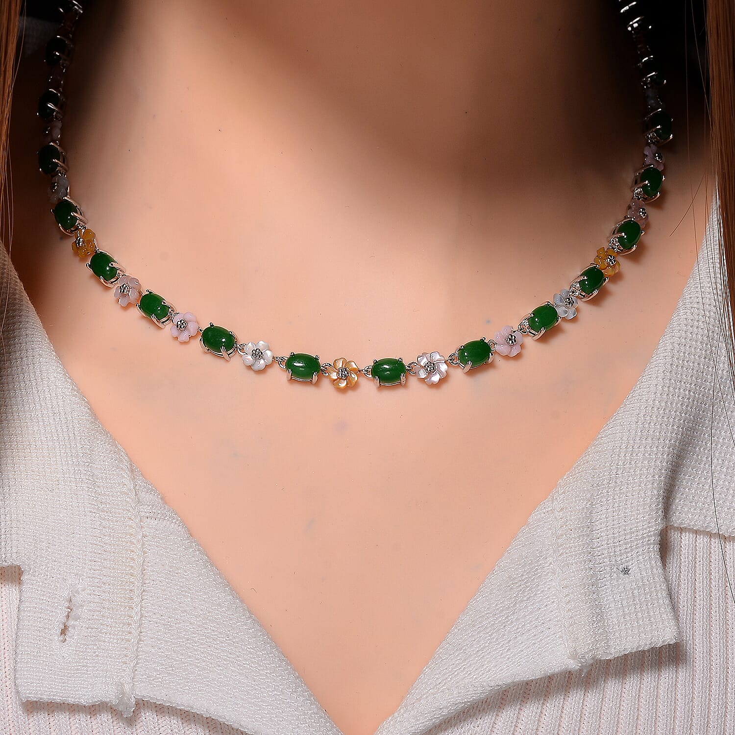Green Jade (D) 23.50 ctw and Multi Color Mother of Pearl Carved Floral Necklace in Rhodium Over Sterling Silver 18 Inches