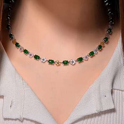 Green Jade (D) 23.50 ctw and Multi Color Mother of Pearl Carved Floral Necklace in Rhodium Over Sterling Silver 18 Inches