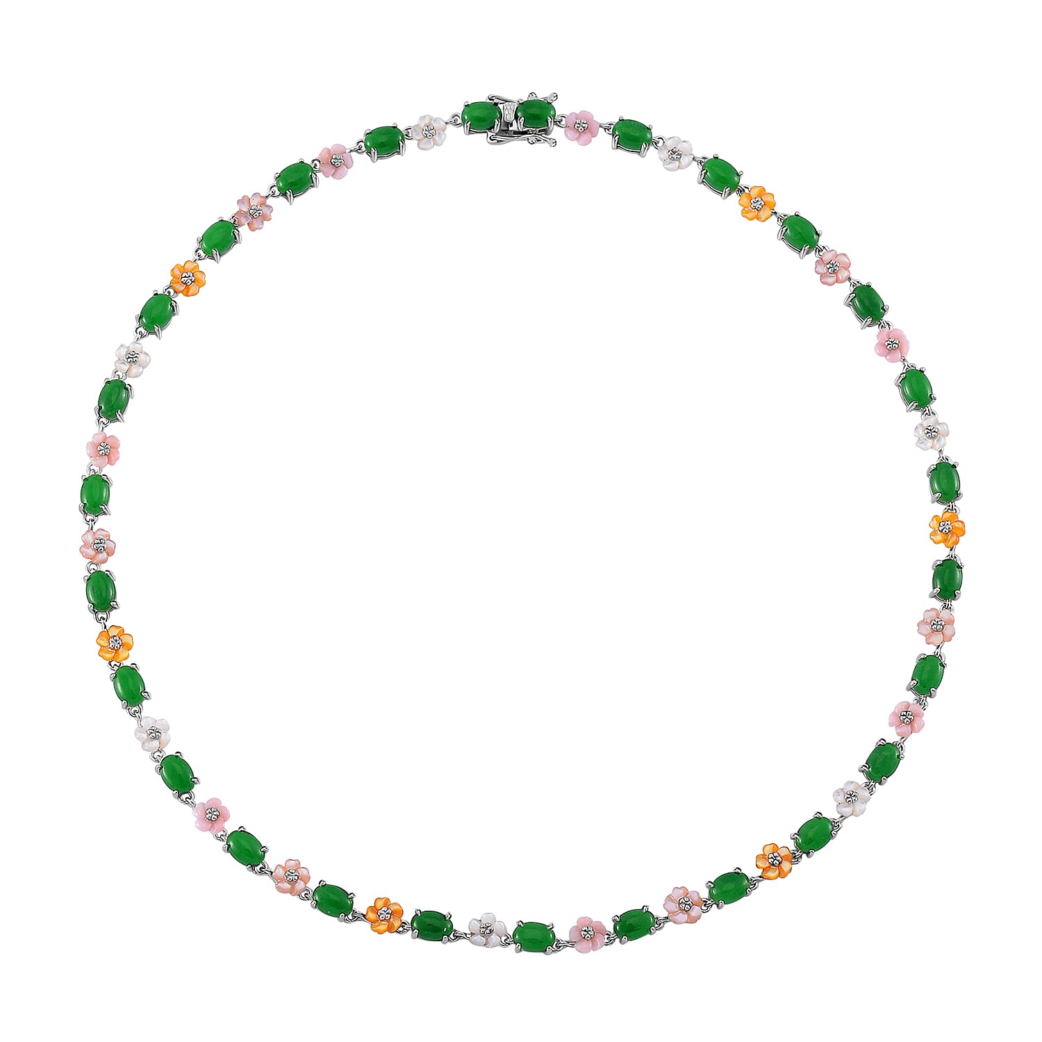 Green Jade (D) 23.50 ctw and Multi Color Mother of Pearl Carved Floral Necklace in Rhodium Over Sterling Silver 18 Inches
