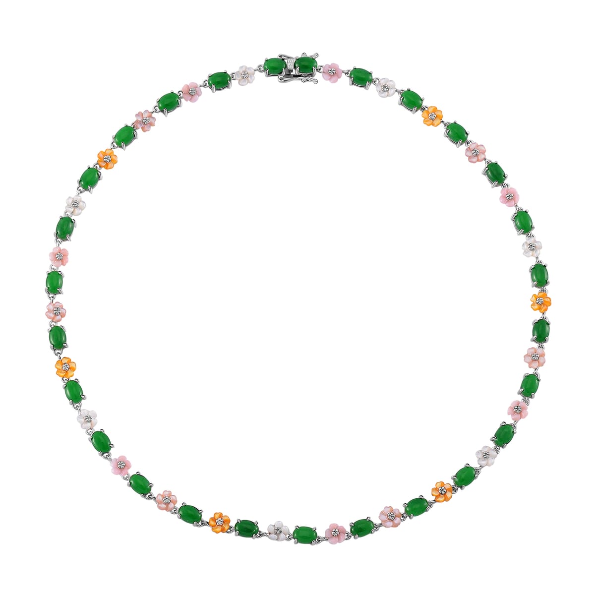 Green Jade (D) 23.50 ctw and Multi Color Mother of Pearl Carved Floral Necklace in Rhodium Over Sterling Silver 18 Inches image number 2