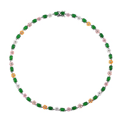 Green Jade (D) 23.50 ctw and Multi Color Mother of Pearl Carved Floral Necklace in Rhodium Over Sterling Silver 18 Inches