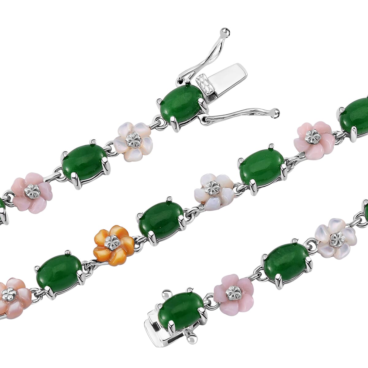 Green Jade (D) 23.50 ctw and Multi Color Mother of Pearl Carved Floral Necklace in Rhodium Over Sterling Silver 18 Inches image number 3