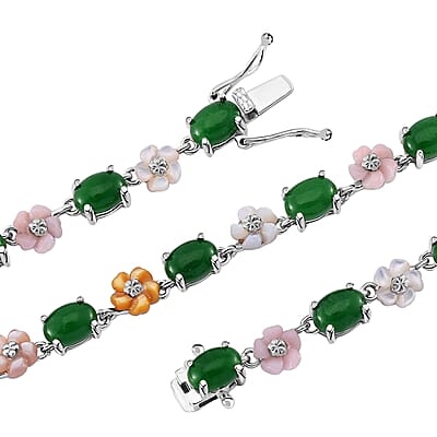 Green Jade (D) 23.50 ctw and Multi Color Mother of Pearl Carved Floral Necklace in Rhodium Over Sterling Silver 18 Inches