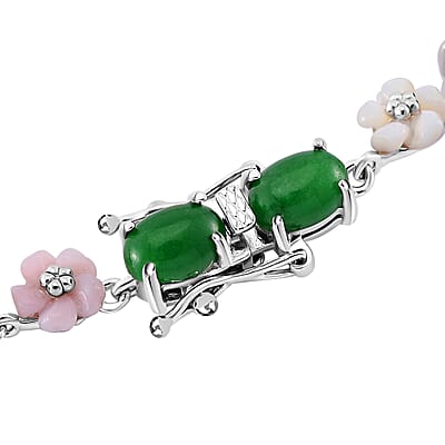 Green Jade (D) 23.50 ctw and Multi Color Mother of Pearl Carved Floral Necklace in Rhodium Over Sterling Silver 18 Inches