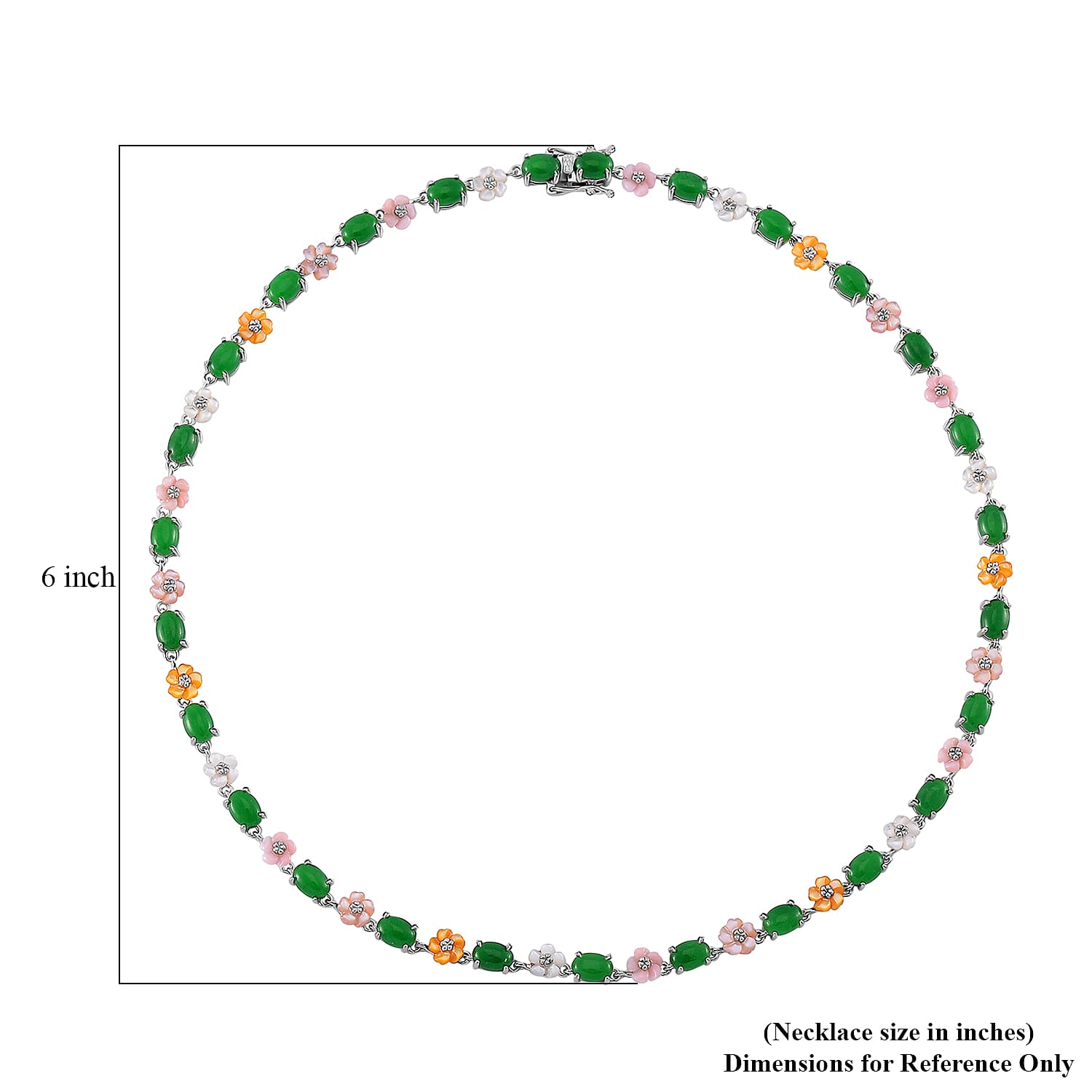 Green Jade (D) 23.50 ctw and Multi Color Mother of Pearl Carved Floral Necklace in Rhodium Over Sterling Silver 18 Inches