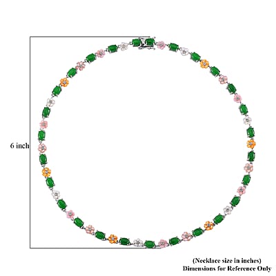 Green Jade (D) 23.50 ctw and Multi Color Mother of Pearl Carved Floral Necklace in Rhodium Over Sterling Silver 18 Inches