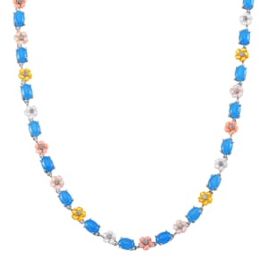 Blue Jade (D) 28.00 ctw and Multi Color Mother of Pearl Carved Floral Necklace in Rhodium Over Sterling Silver 18 Inches