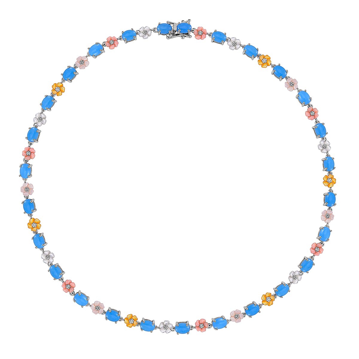 Blue Jade (D) 28.00 ctw and Multi Color Mother of Pearl Carved Floral Necklace in Rhodium Over Sterling Silver 18 Inches image number 2