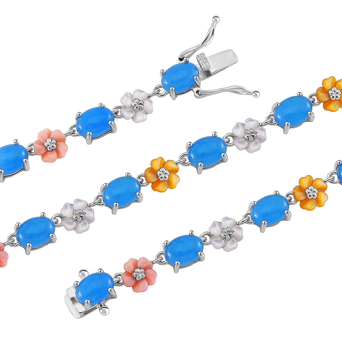 Blue Jade (D) 28.00 ctw and Multi Color Mother of Pearl Carved Floral Necklace in Rhodium Over Sterling Silver 18 Inches image number 3