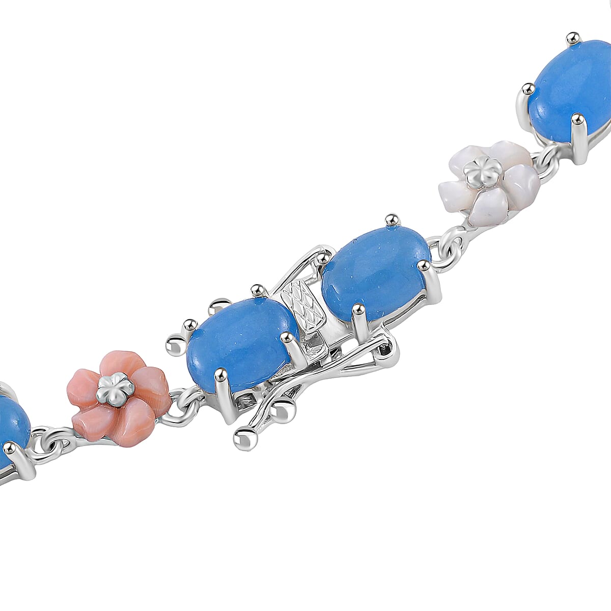 Blue Jade (D) 28.00 ctw and Multi Color Mother of Pearl Carved Floral Necklace in Rhodium Over Sterling Silver 18 Inches image number 4