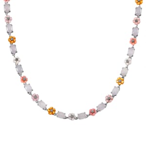 Natural Jade 28.15 ctw and Multi Color Mother of Pearl Carved Floral Necklace in Rhodium Over Sterling Silver 18 Inches