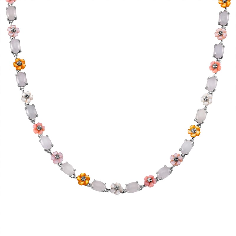 Natural Jade 28.15 ctw and Multi Color Mother of Pearl Carved Floral Necklace in Rhodium Over Sterling Silver 18 Inches