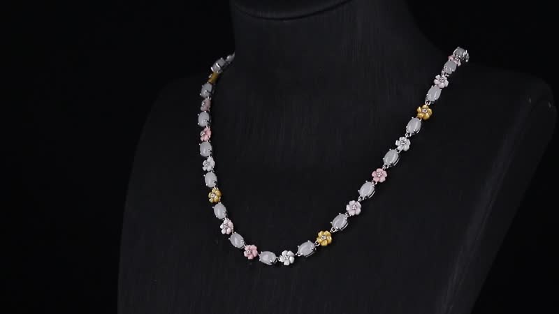 Green Jade, Multi Color Mother of Pearl Carved Floral Necklace (18 Inches) in Rhodium Over Sterling Silver 23.50 ctw