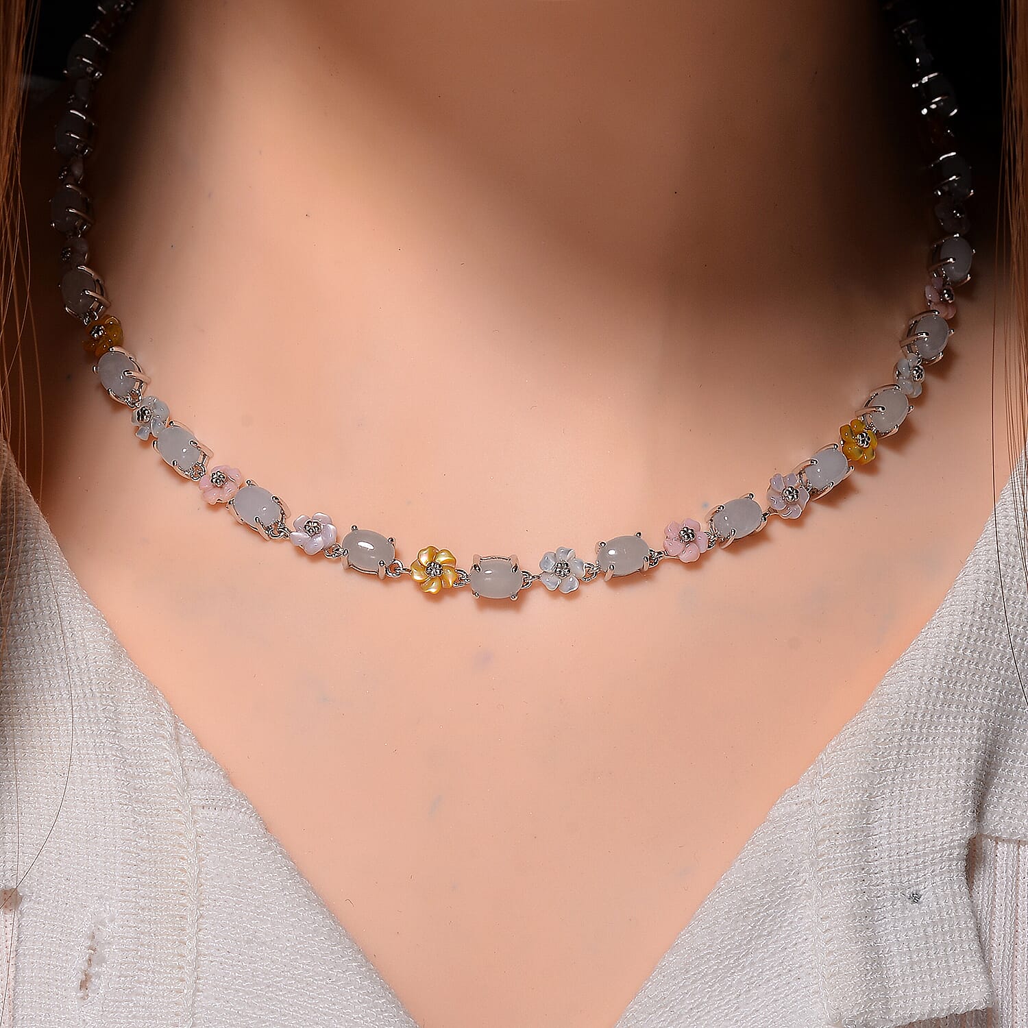 Natural Jade 28.15 ctw and Multi Color Mother of Pearl Carved Floral Necklace in Rhodium Over Sterling Silver 18 Inches