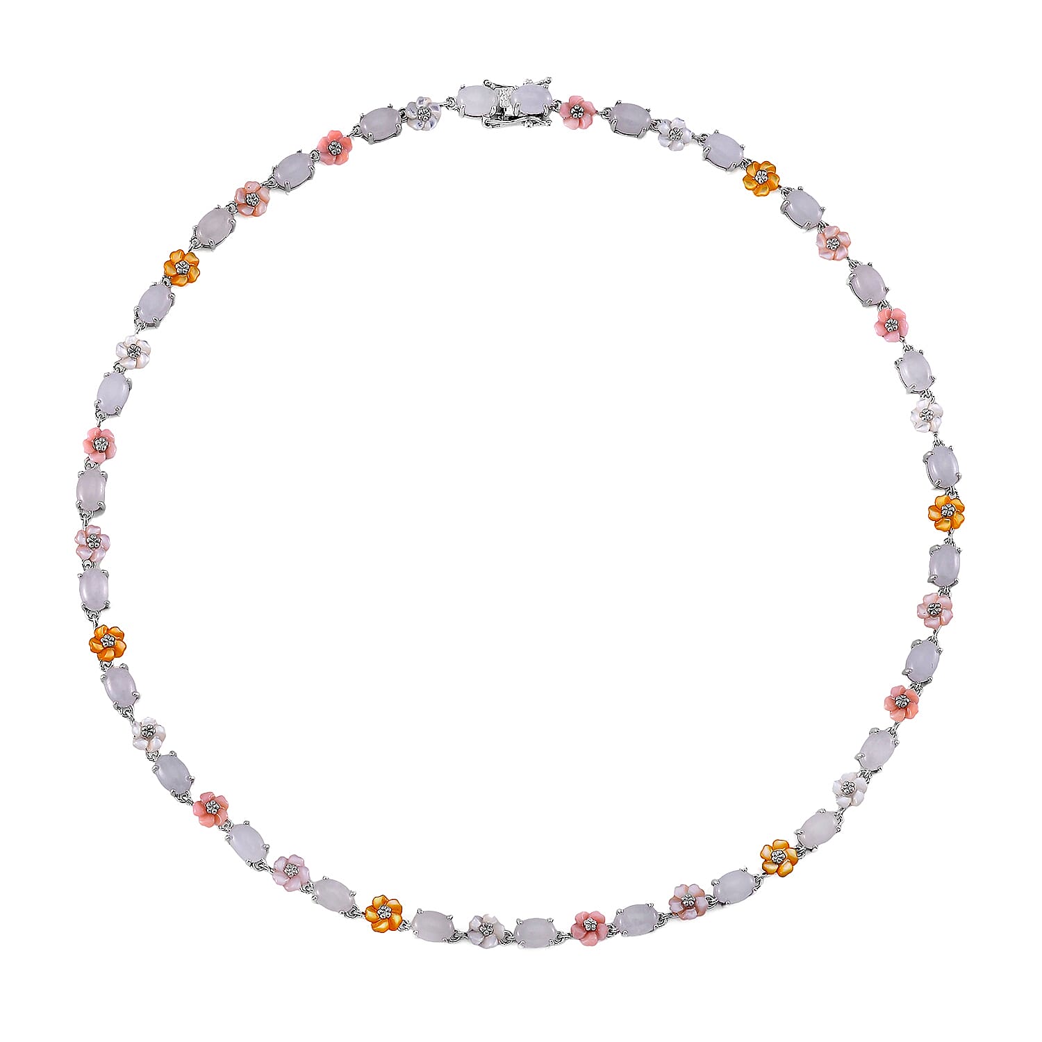Natural Jade 28.15 ctw and Multi Color Mother of Pearl Carved Floral Necklace in Rhodium Over Sterling Silver 18 Inches