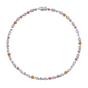 Natural Jade 28.15 ctw and Multi Color Mother of Pearl Carved Floral Necklace in Rhodium Over Sterling Silver 18 Inches