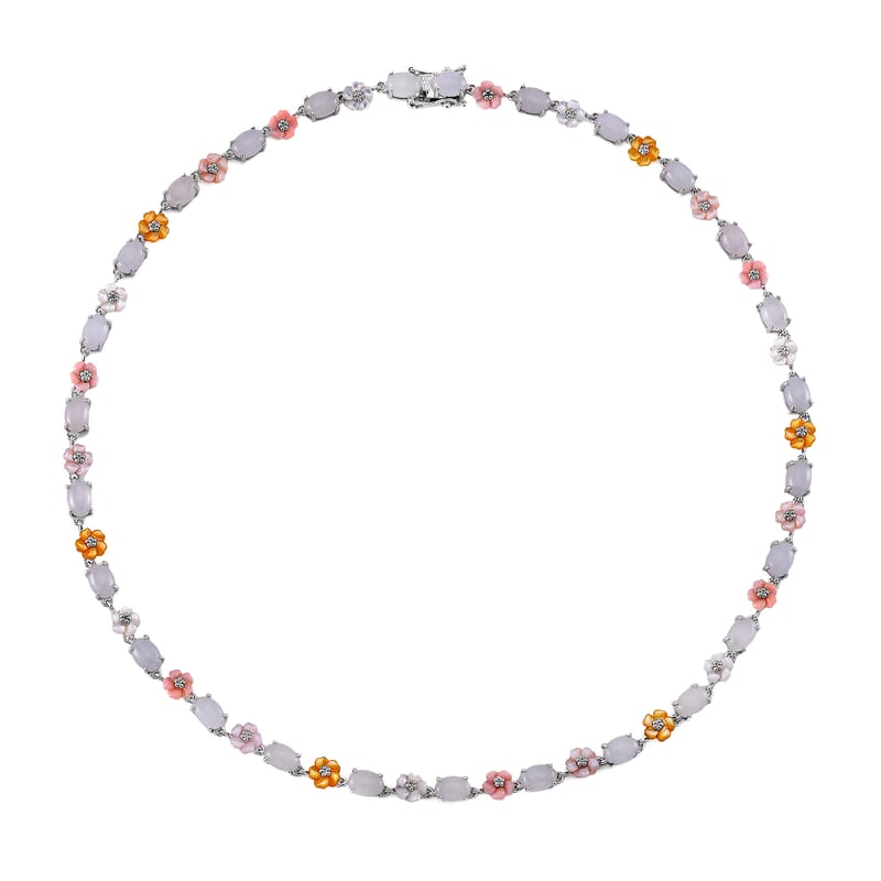 Natural Jade 28.15 ctw and Multi Color Mother of Pearl Carved Floral Necklace in Rhodium Over Sterling Silver 18 Inches