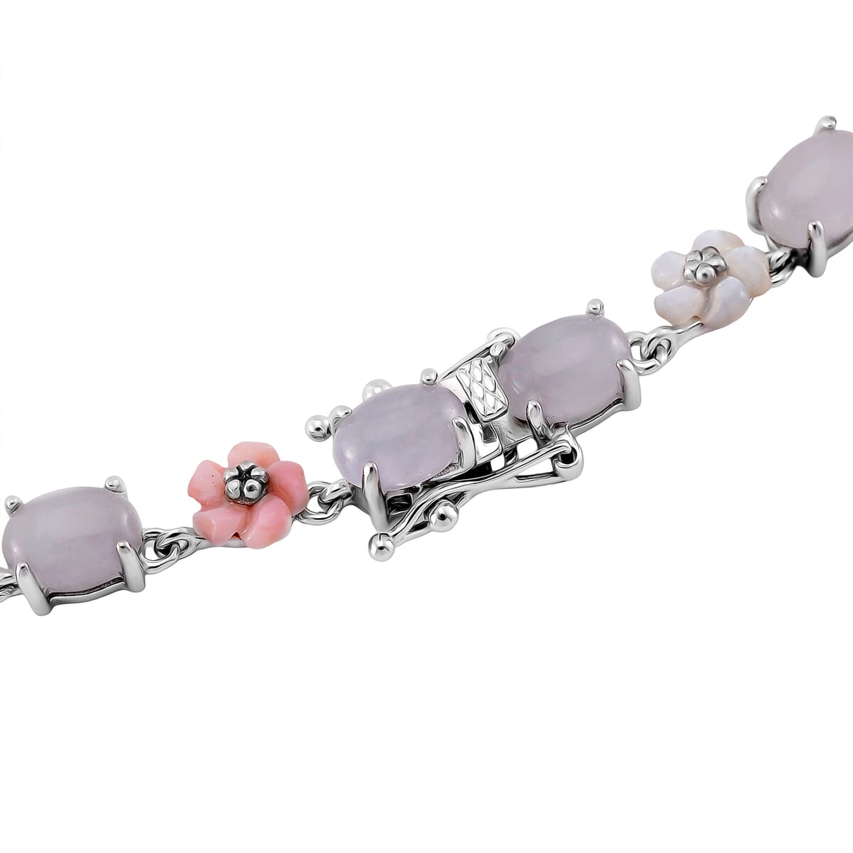 Natural Jade 28.15 ctw and Multi Color Mother of Pearl Carved Floral Necklace in Rhodium Over Sterling Silver 18 Inches image number 3
