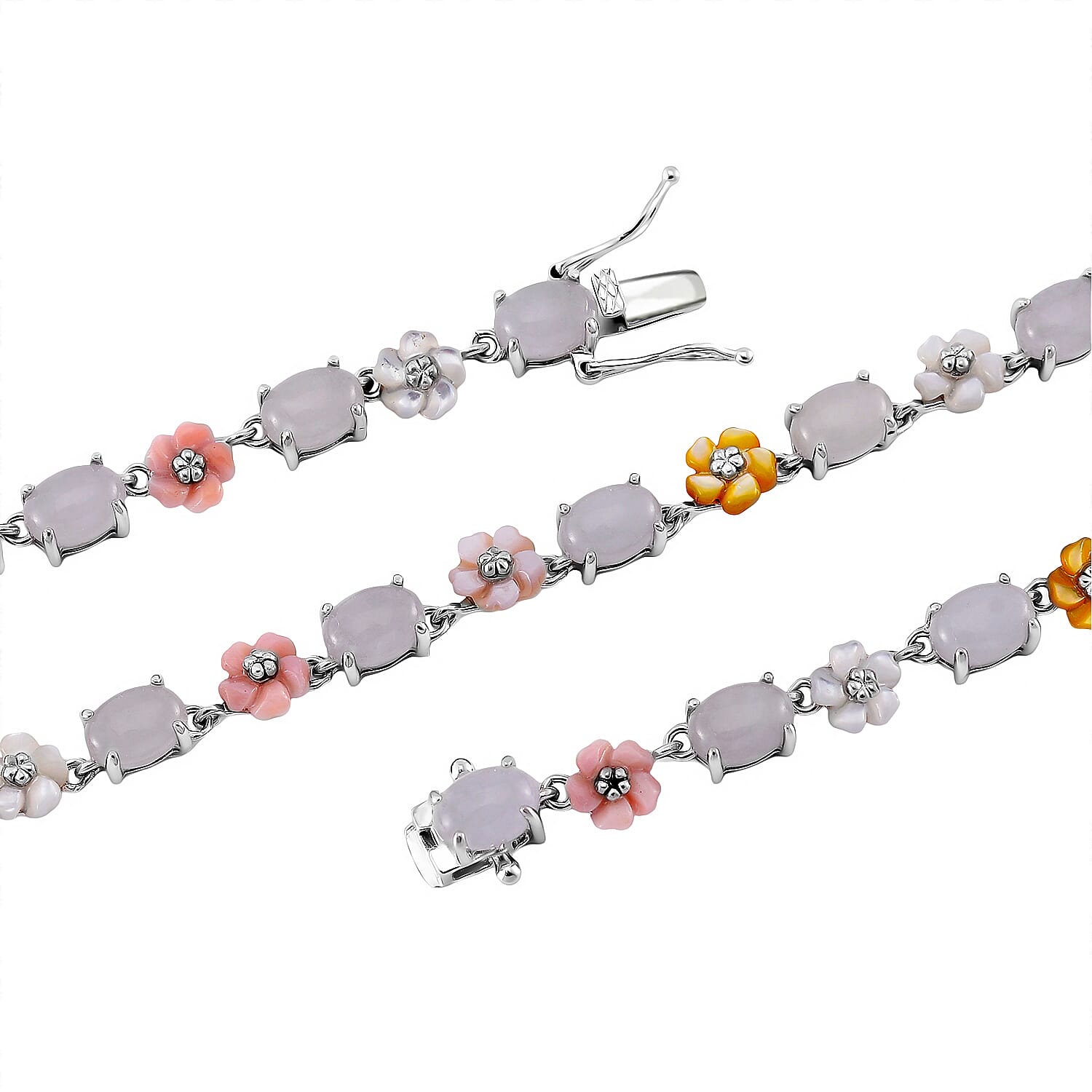 Natural Jade 28.15 ctw and Multi Color Mother of Pearl Carved Floral Necklace in Rhodium Over Sterling Silver 18 Inches