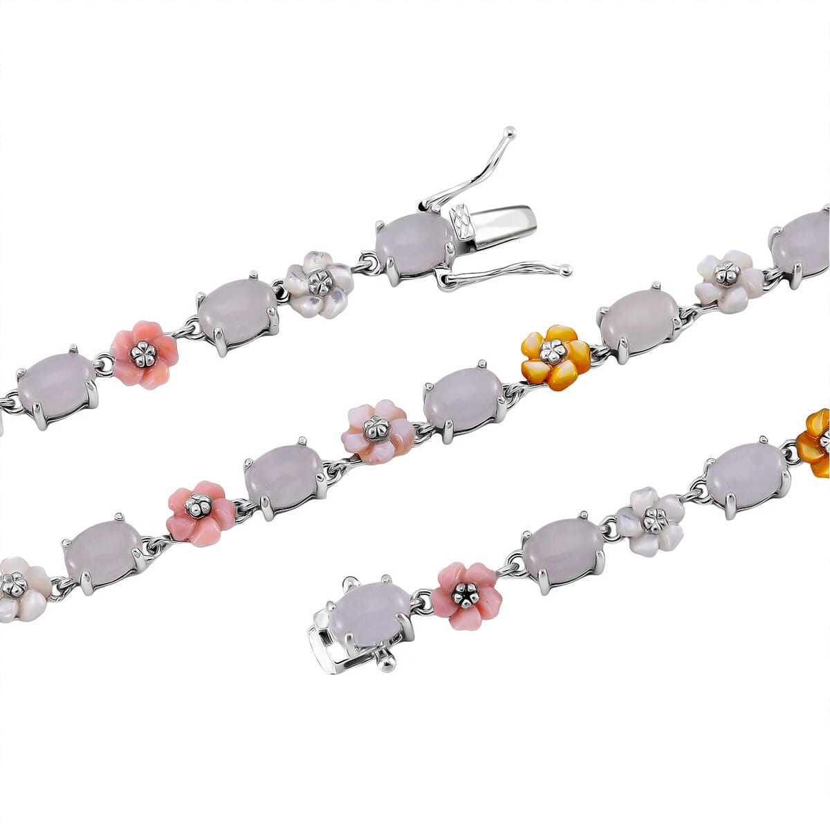 Natural Jade 28.15 ctw and Multi Color Mother of Pearl Carved Floral Necklace in Rhodium Over Sterling Silver 18 Inches image number 4