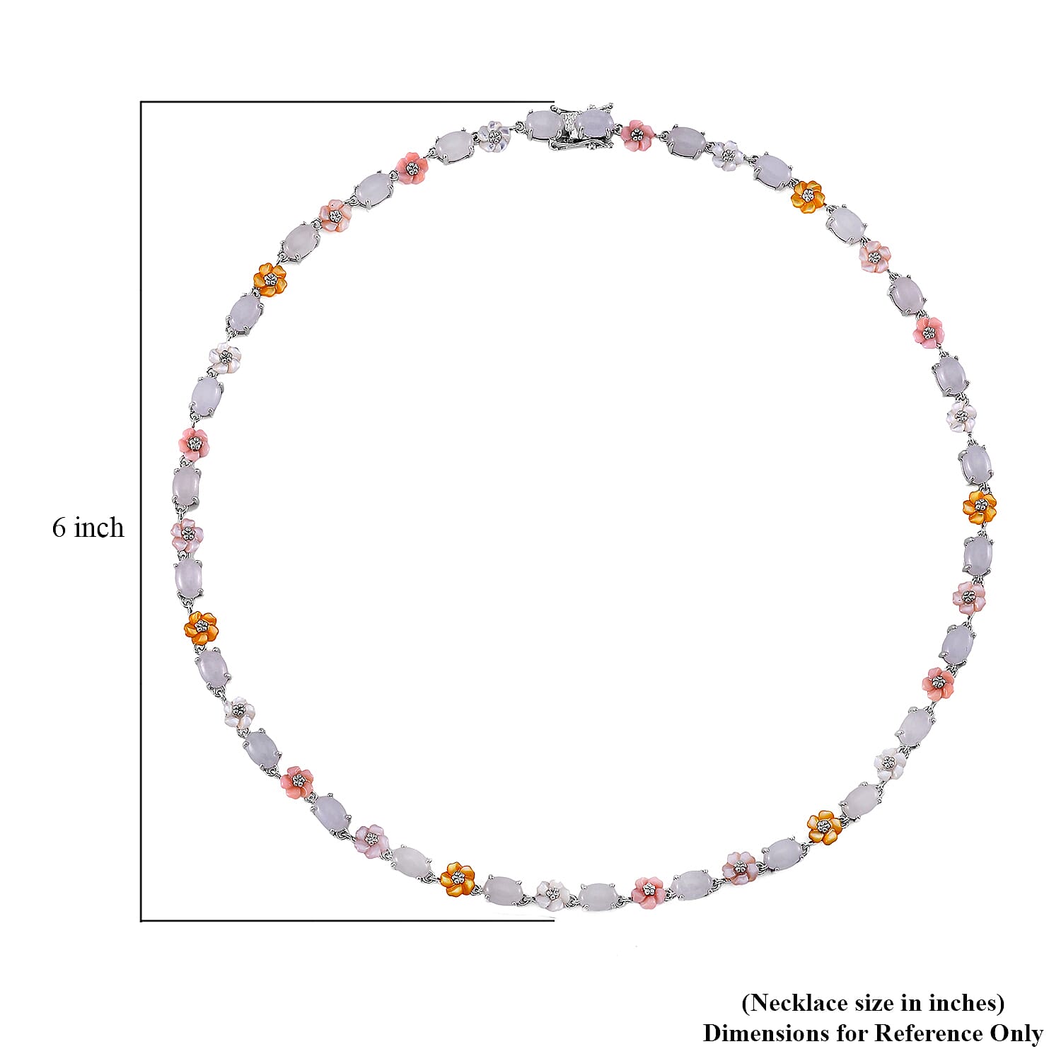 Natural Jade 28.15 ctw and Multi Color Mother of Pearl Carved Floral Necklace in Rhodium Over Sterling Silver 18 Inches
