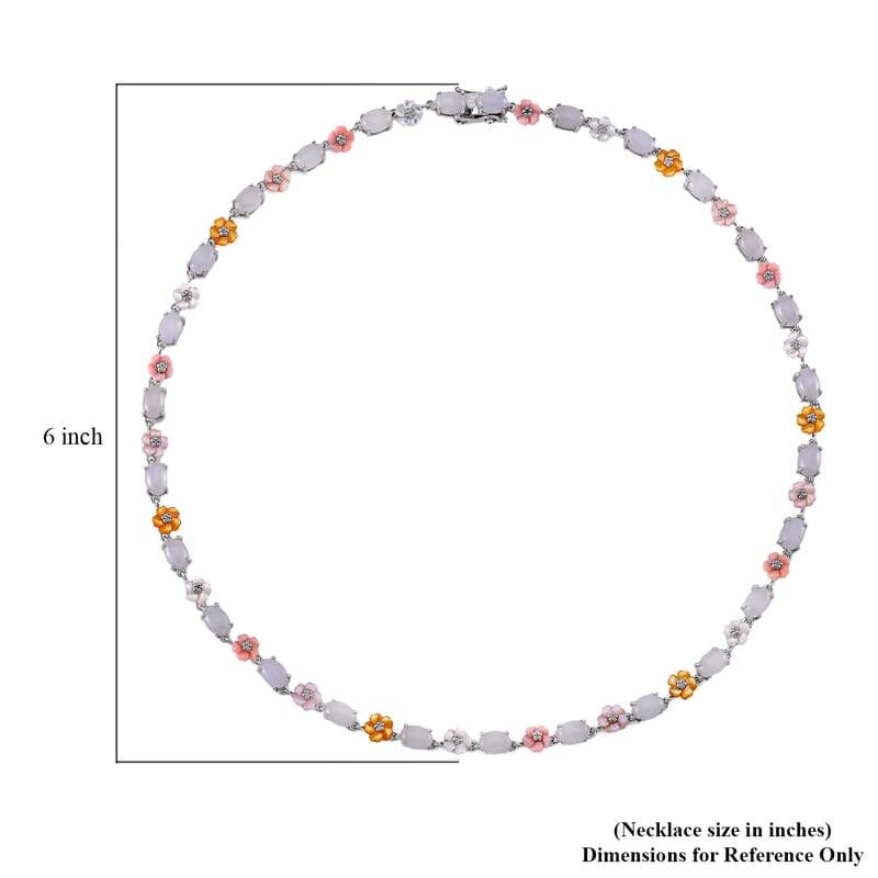 Natural Jade 28.15 ctw and Multi Color Mother of Pearl Carved Floral Necklace in Rhodium Over Sterling Silver 18 Inches