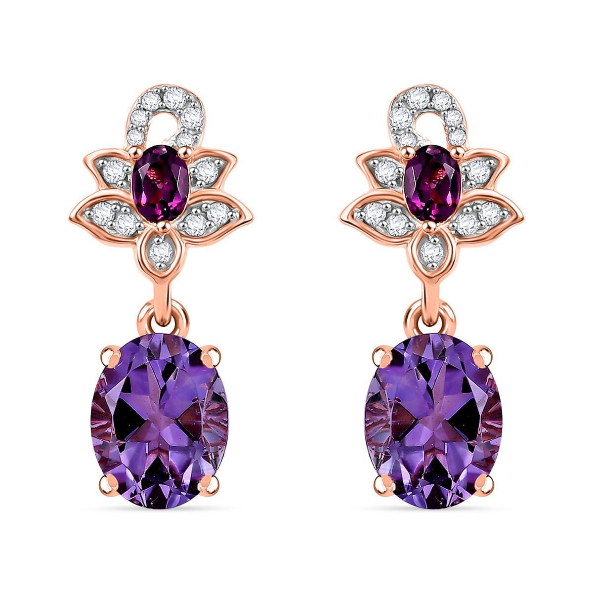 AAA Rose De France Amethyst and Multi Gemstone 4.22 ctw Floral Earrings in 18K Vermeil Rose Gold Over Sterling Silver image number 0
