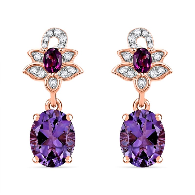 D'Joy AAA Rose De France Amethyst and Multi Gemstone 4.22 ctw Floral Earrings in 18K Vermeil Rose Gold Over Sterling Silver