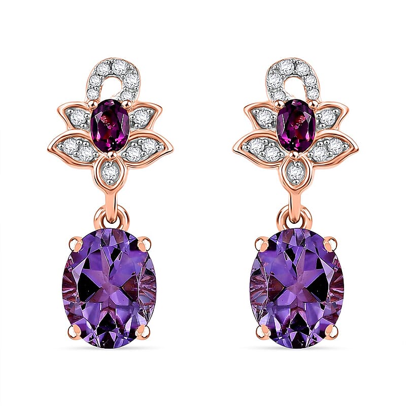 D'Joy AAA Rose De France Amethyst and Multi Gemstone 4.22 ctw Floral Earrings in 18K Vermeil Rose Gold Over Sterling Silver