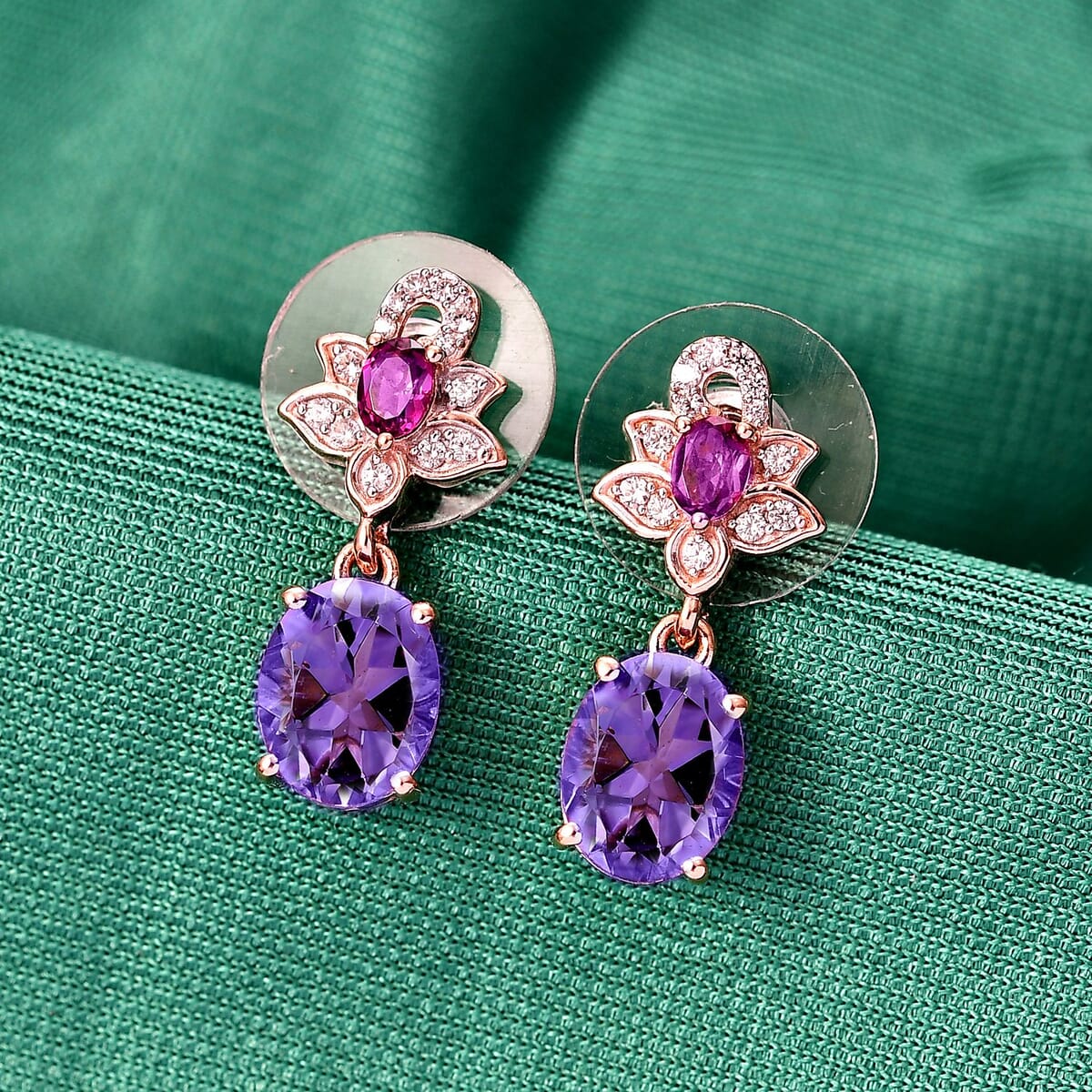 AAA Rose De France Amethyst and Multi Gemstone 4.22 ctw Floral Earrings in 18K Vermeil Rose Gold Over Sterling Silver image number 1