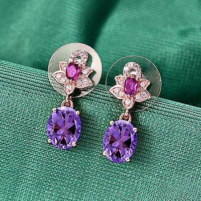 D'Joy AAA Rose De France Amethyst and Multi Gemstone 4.22 ctw Floral Earrings in 18K Vermeil Rose Gold Over Sterling Silver