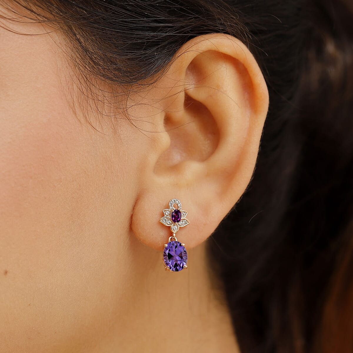 AAA Rose De France Amethyst and Multi Gemstone 4.22 ctw Floral Earrings in 18K Vermeil Rose Gold Over Sterling Silver image number 2