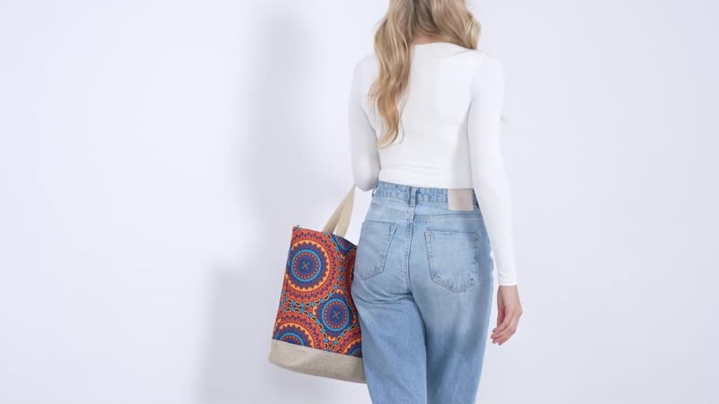 Multi Color Round Ethnic Pattern 100% Polyester Tote Bag (12.79"x5.51"x15.55")