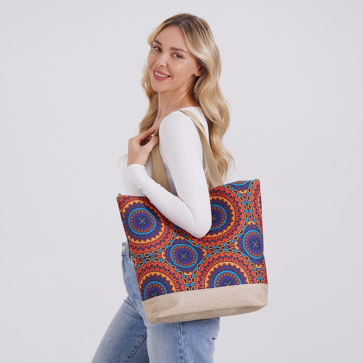 Multi Color Round Ethnic Pattern 100% Polyester Tote Bag image number 1