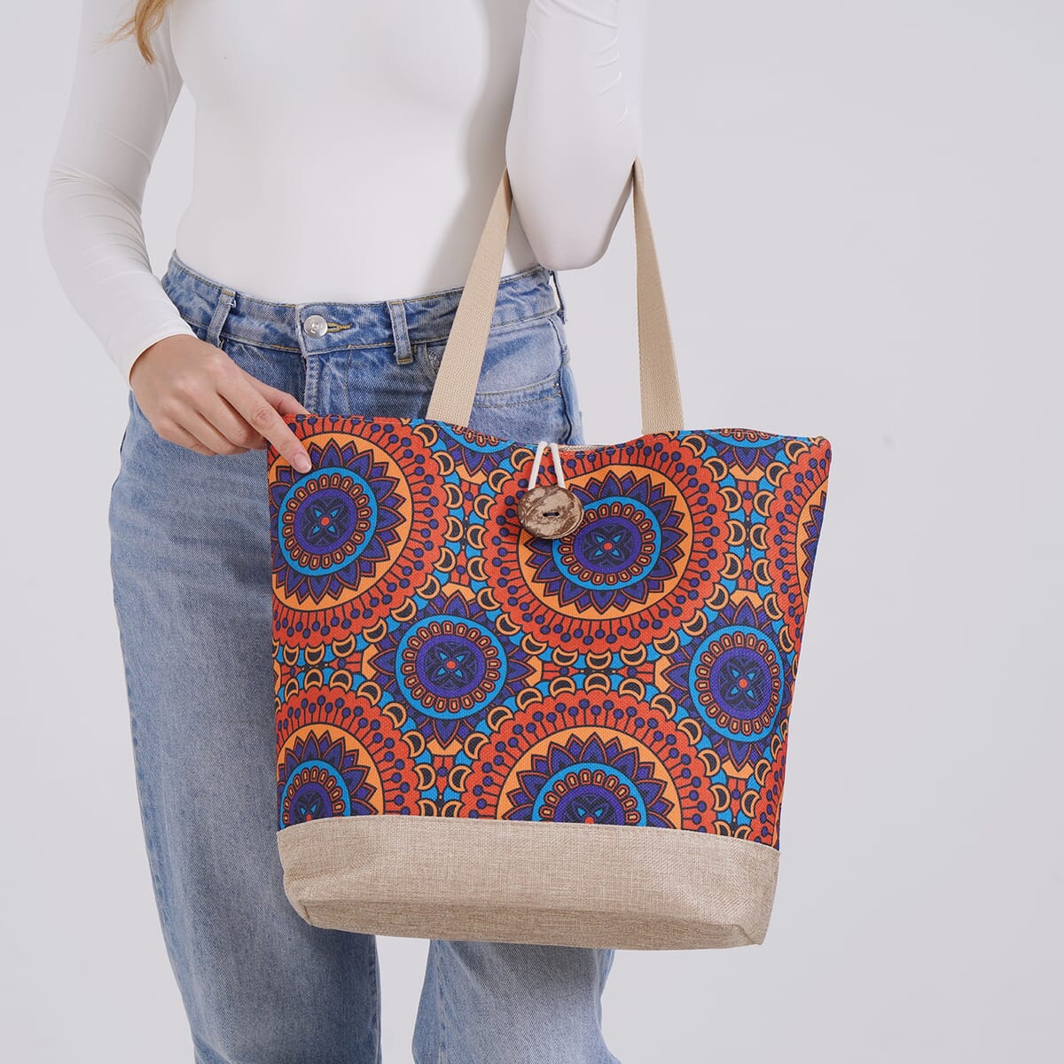 Multi Color Round Ethnic Pattern 100% Polyester Tote Bag image number 2