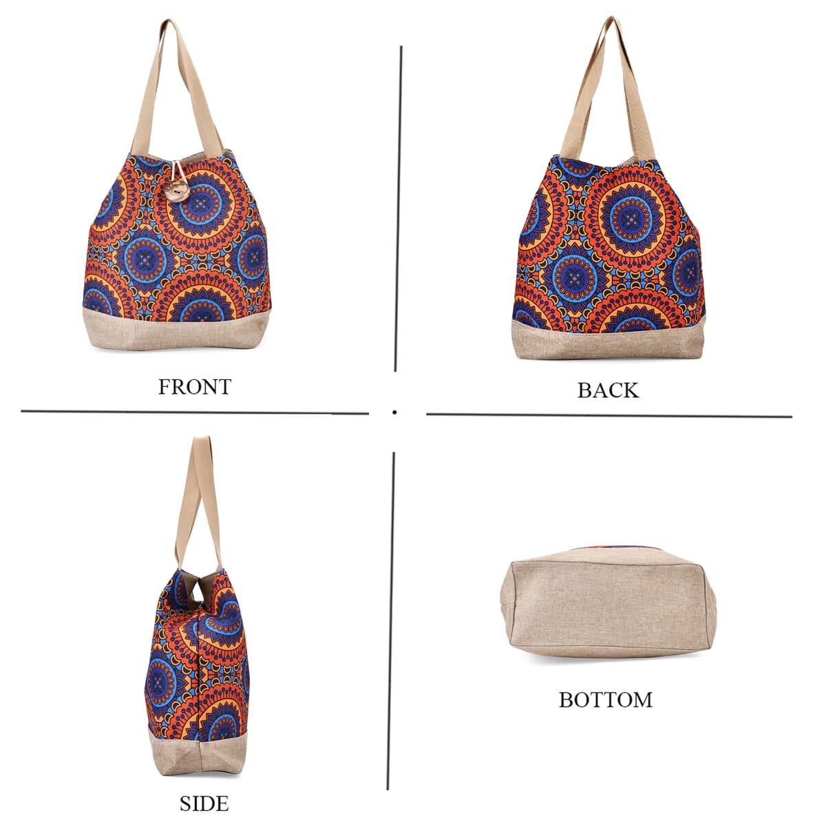 Multi Color Round Ethnic Pattern 100% Polyester Tote Bag image number 3