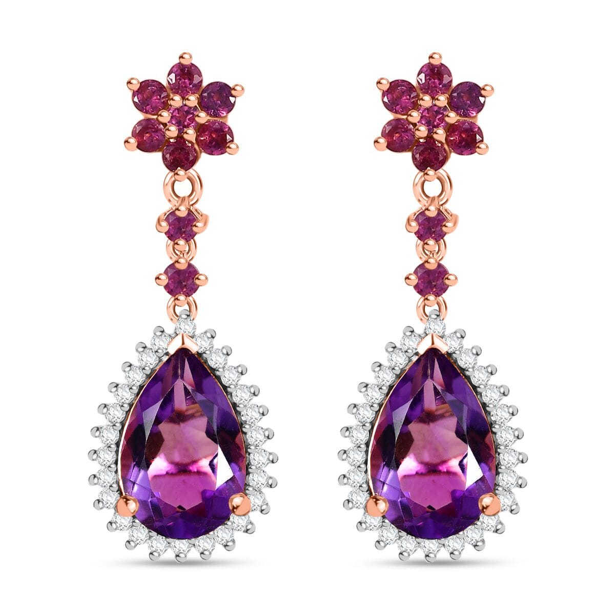 AAA Rose De France Amethyst and Multi Gemstone 7.40 ctw Starburst Drop Earrings in 18K Vermeil Rose Gold Over Sterling Silver image number 0