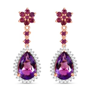 AAA Rose De France Amethyst and Multi Gemstone 7.40 ctw Starburst Drop Earrings in 18K Vermeil Rose Gold Over Sterling Silver