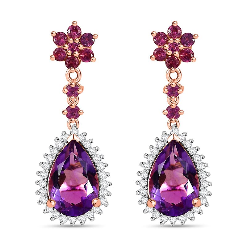 D'Joy AAA Rose De France Amethyst and Multi Gemstone 7.40 ctw Starburst Drop Earrings in 18K Vermeil Rose Gold Over Sterling Silver