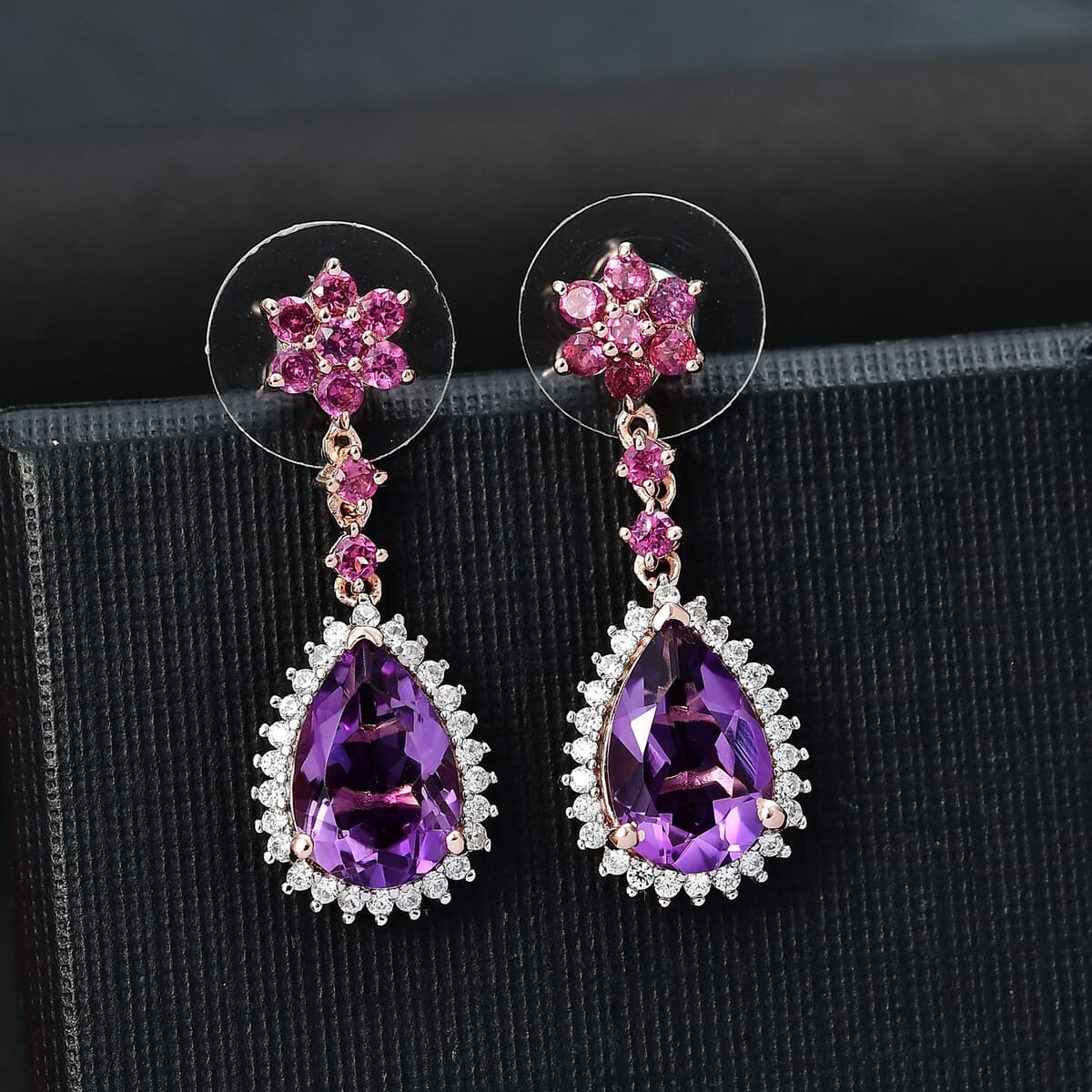 AAA Rose De France Amethyst and Multi Gemstone 7.40 ctw Starburst Drop Earrings in 18K Vermeil Rose Gold Over Sterling Silver image number 1