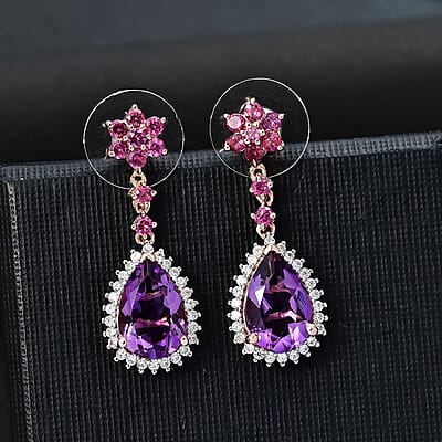 D'Joy AAA Rose De France Amethyst and Multi Gemstone 7.40 ctw Starburst Drop Earrings in 18K Vermeil Rose Gold Over Sterling Silver