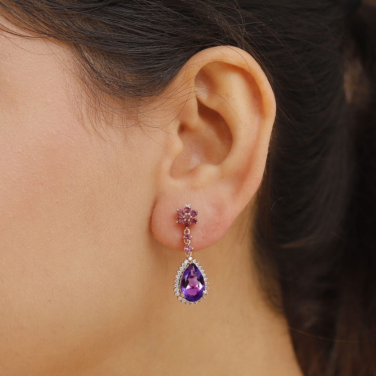 AAA Rose De France Amethyst and Multi Gemstone 7.40 ctw Starburst Drop Earrings in 18K Vermeil Rose Gold Over Sterling Silver image number 2