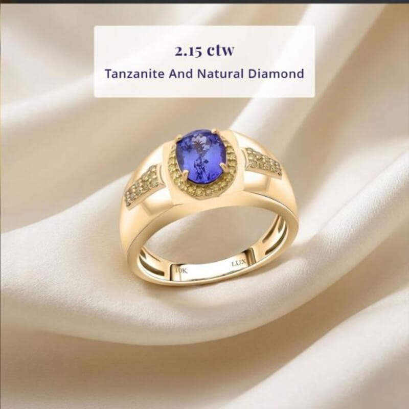 Luxoro AAA Tanzanite and I3 Natural Yellow Diamond 2.15 ctw Men's Ring in 10K Yellow Gold (Size 10.5) 8 Grams