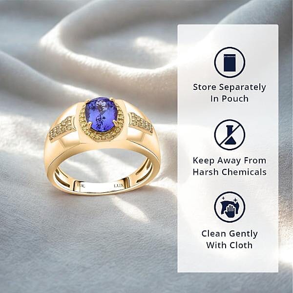 Luxoro AAA Tanzanite and I3 Natural Yellow Diamond 2.15 ctw Men's Ring in 10K Yellow Gold (Size 10.5) 8 Grams