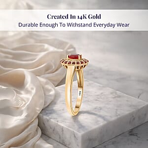 Luxoro AAA Red Sapphire, Padparadscha Sapphire (BT) and I2 Diamond 1.20 ctw Crimson Halo Ring in 10K Yellow Gold (Size 8.5)