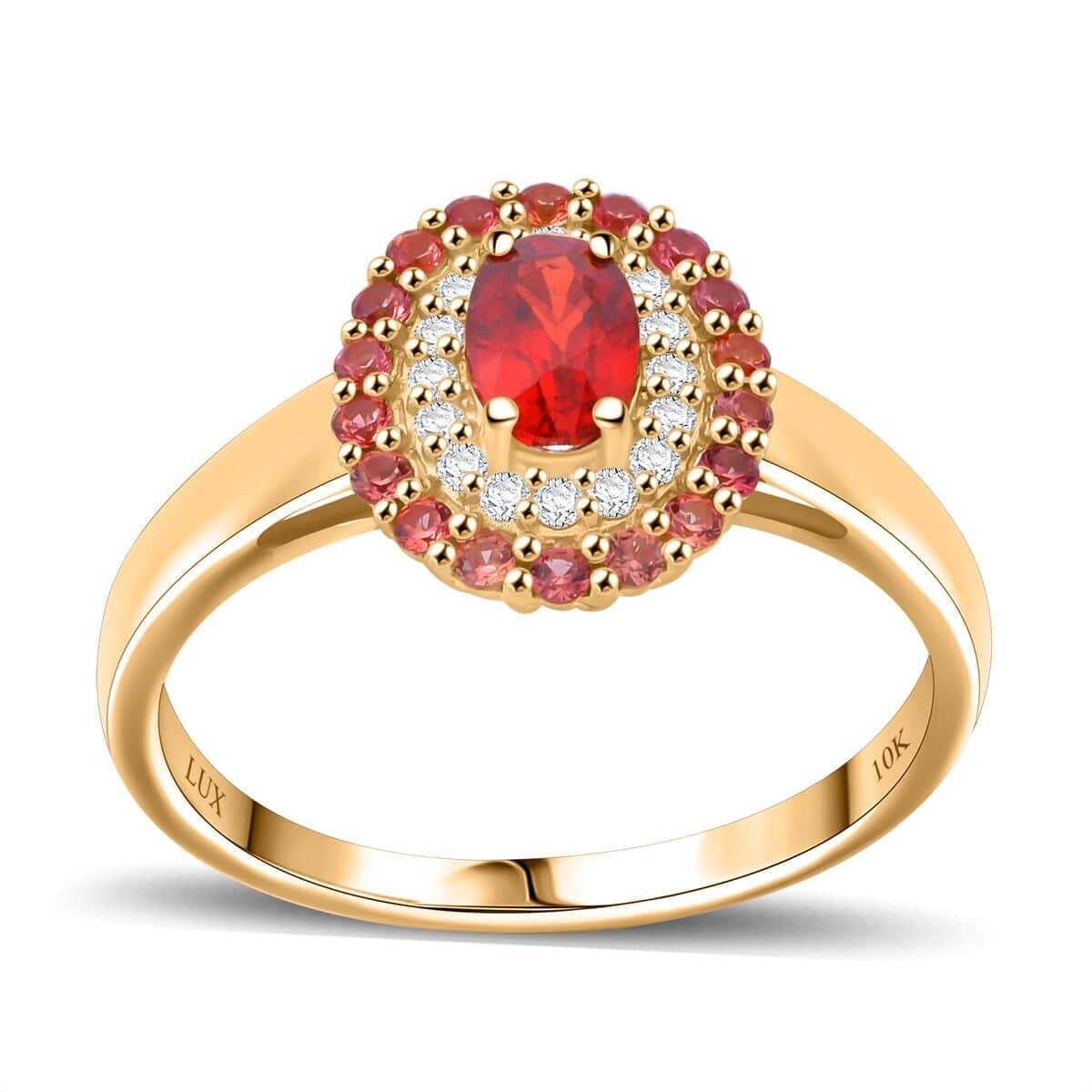 Luxoro AAA Red Sapphire, Padparadscha Sapphire (BT) and I2 Diamond 1.20 ctw Crimson Halo Ring in 10K Yellow Gold (Size 9.5) image number 0