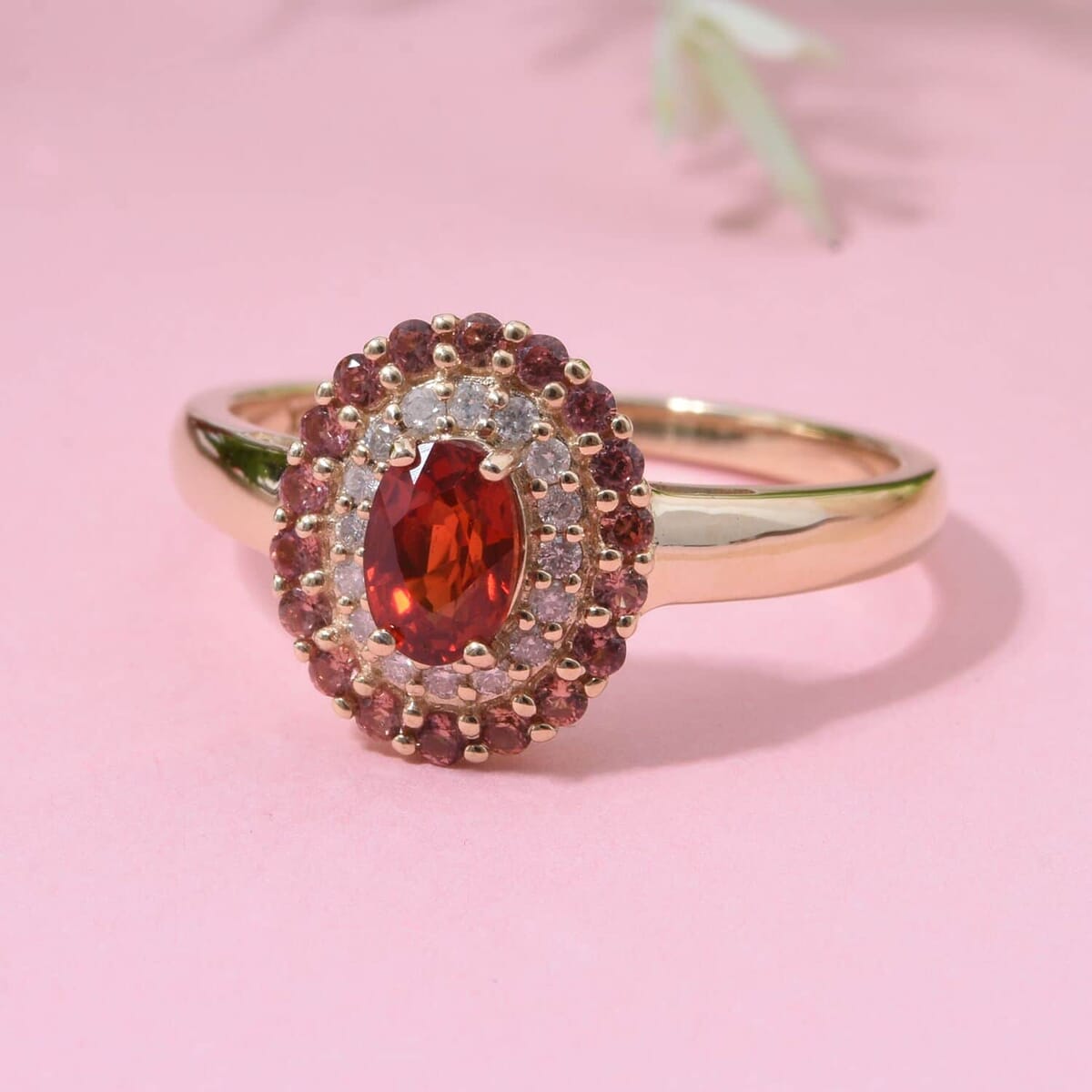 Luxoro AAA Red Sapphire, Padparadscha Sapphire (BT) and I2 Diamond 1.20 ctw Crimson Halo Ring in 10K Yellow Gold (Size 9.5) image number 1