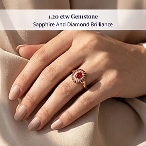 Luxoro AAA Red Sapphire, Padparadscha Sapphire (BT) and I2 Diamond 1.20 ctw Crimson Halo Ring in 10K Yellow Gold (Size 11.0)
