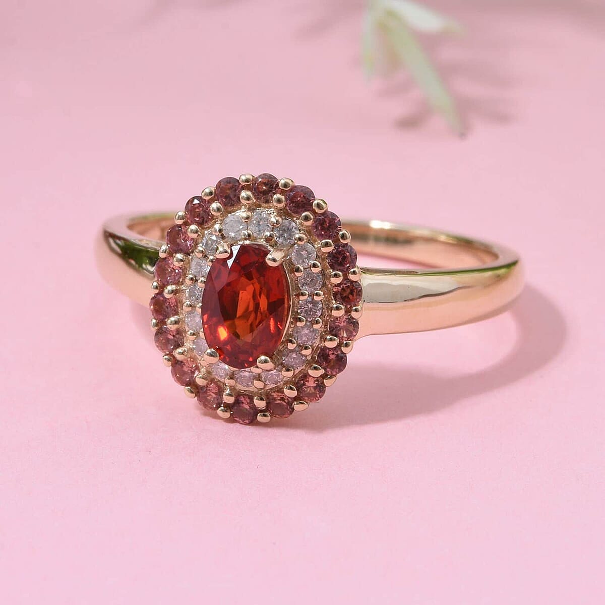 Luxoro AAA Red Sapphire, Padparadscha Sapphire (BT) and I2 Diamond 1.20 ctw Crimson Halo Ring in 10K Yellow Gold (Size 11.5) image number 1