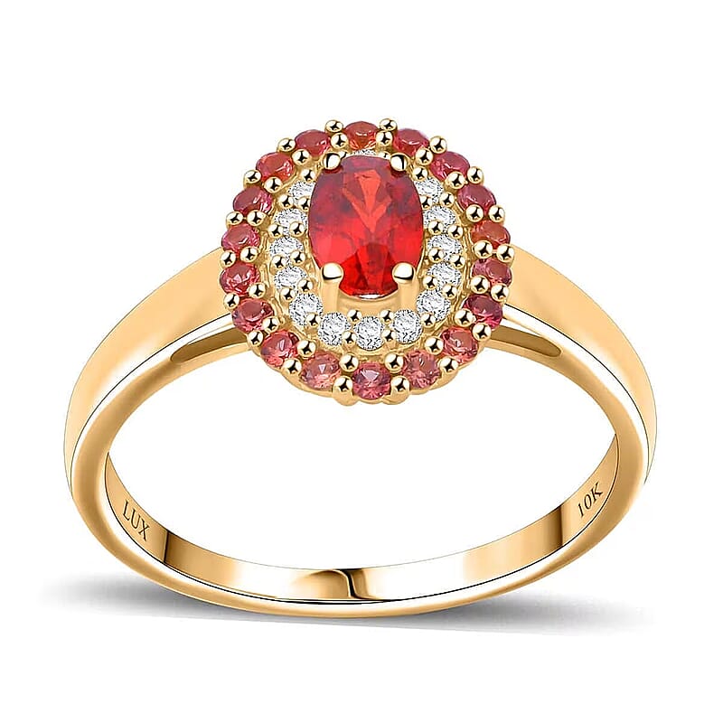 Luxoro AAA Red Sapphire, Padparadscha Sapphire (BT) and I2 Diamond 1.20 ctw Crimson Halo Ring in 10K Yellow Gold (Size 12.0)